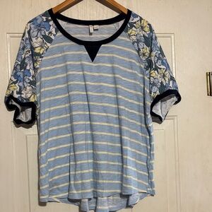 Cato Blue Striped Top with Floral Sleeves